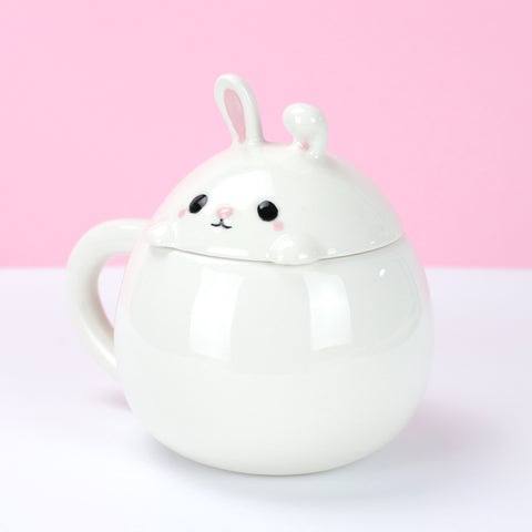 Kawaii Weiße Kanichen Tasse mit Deckel - Peek a Boo Mug